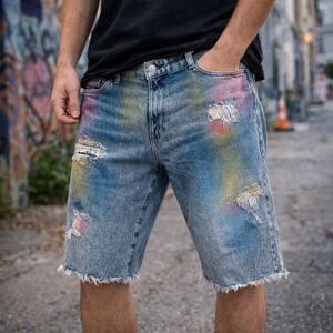 Akademiks Jeanious Paint Splatter‎ Denim Shorts Distressed Mens Streetwear 38
